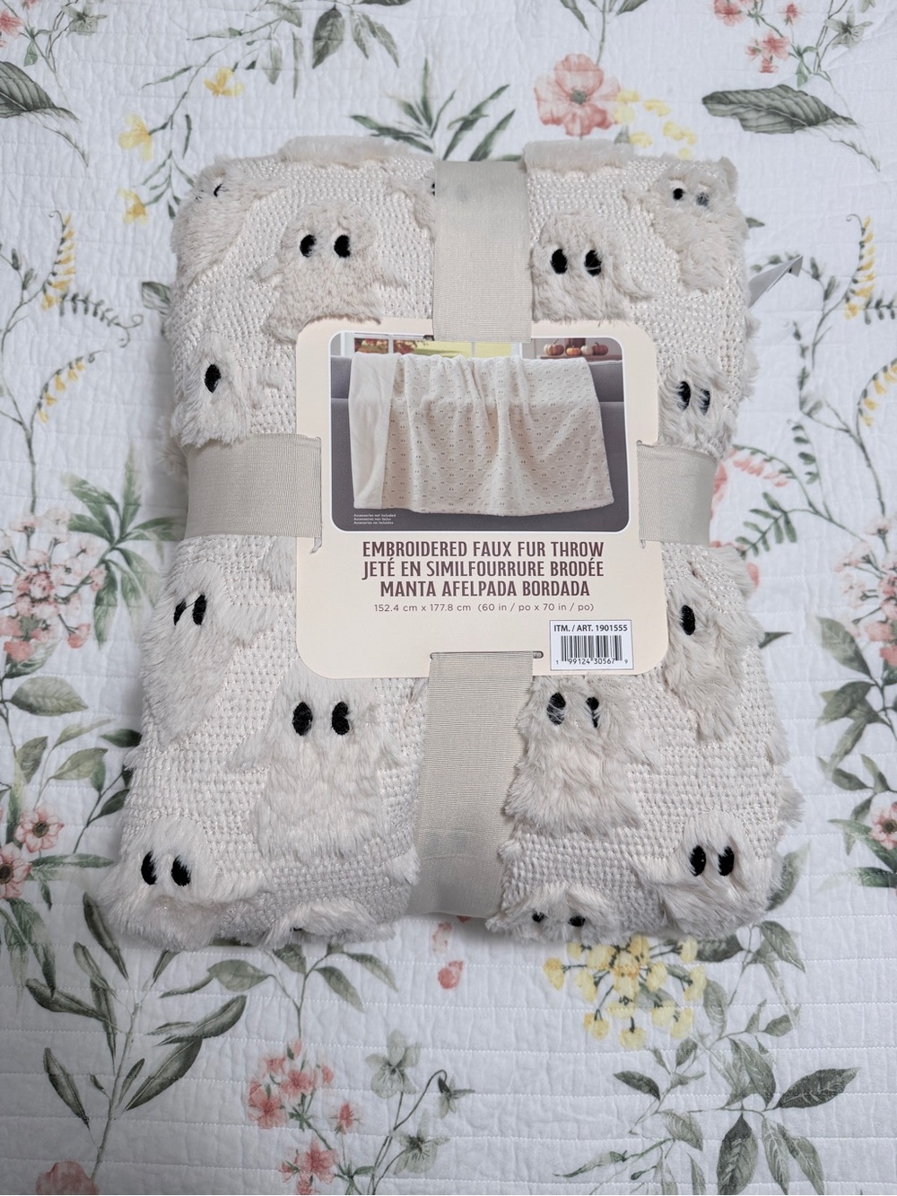 Embroidered Faux Fur Throw Blanket - Cream